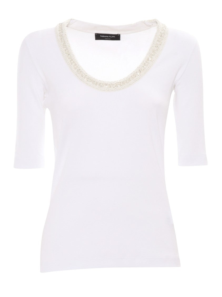 Fabiana Filippi Ribbed Jersey U Neck Short Sleeve T-Shirt