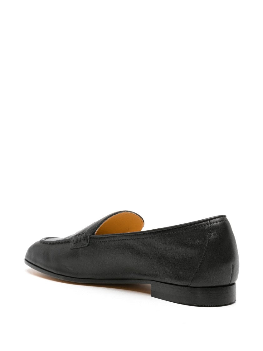 Doucal's Polished Black Leather Moccasin Loafers With Classic Penny Strap