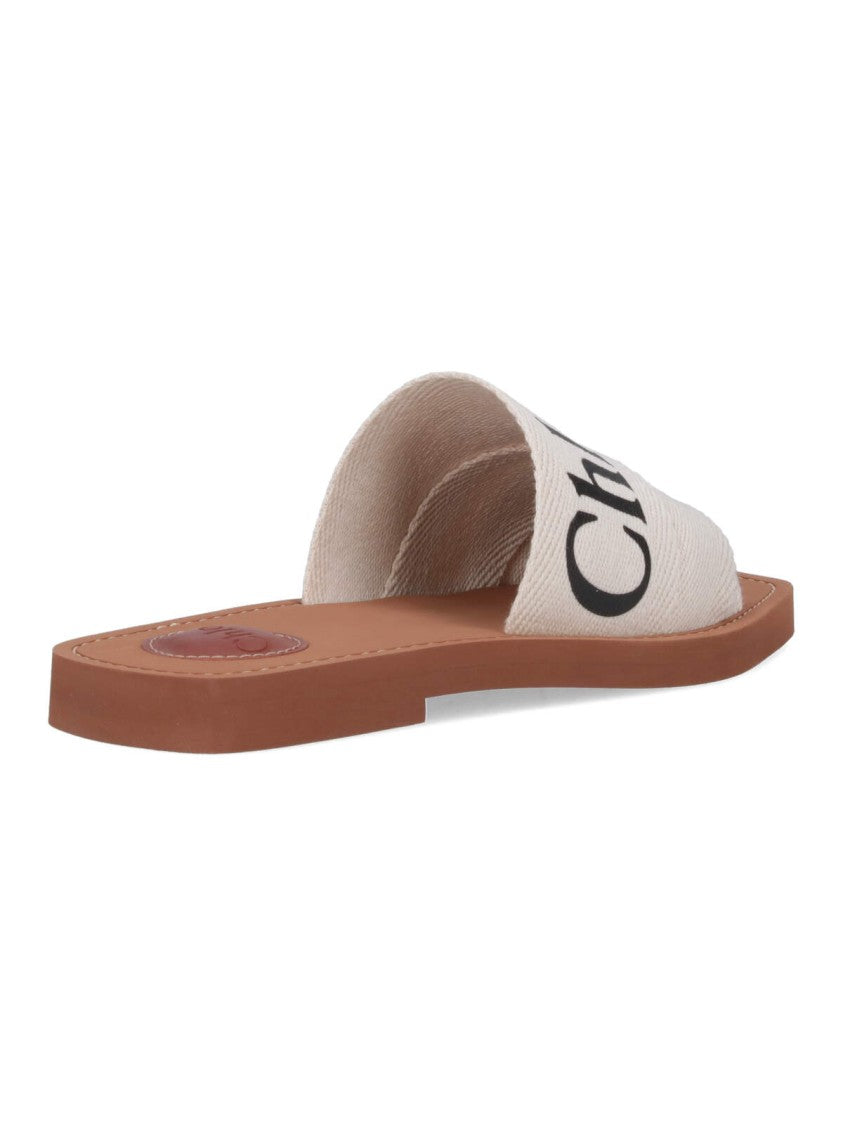 Chloé White Woody Embroidered Linen Sandal