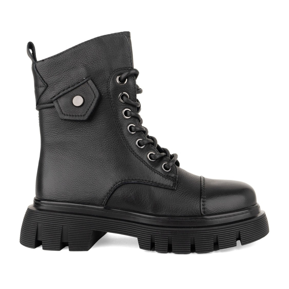 Linda Baumann Black Lace-Up Flap Detail Leather Ankle Boots