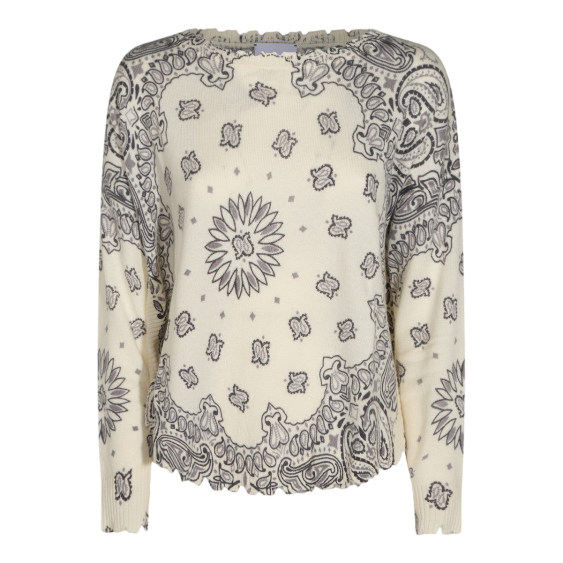 Kujiten Intricately Patterned Cream Knit Sweater With Scalloped Hem