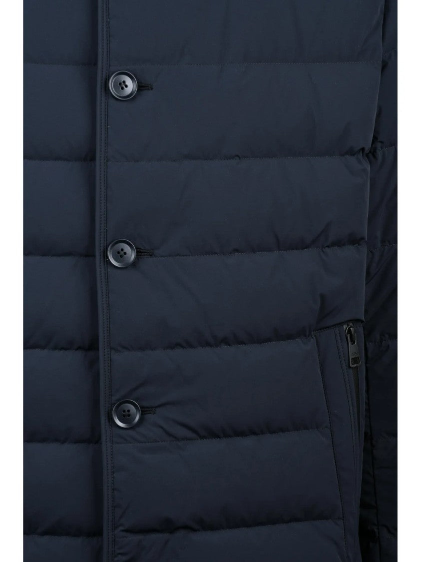 Duno Quilted Navy Blue Down Jacket With Removable Bib And Padded Silhouette