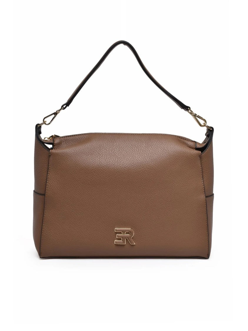 Ermanno Firenze Structured Taupe Shoulder Bag With Adjustable Strap And Gold Accents