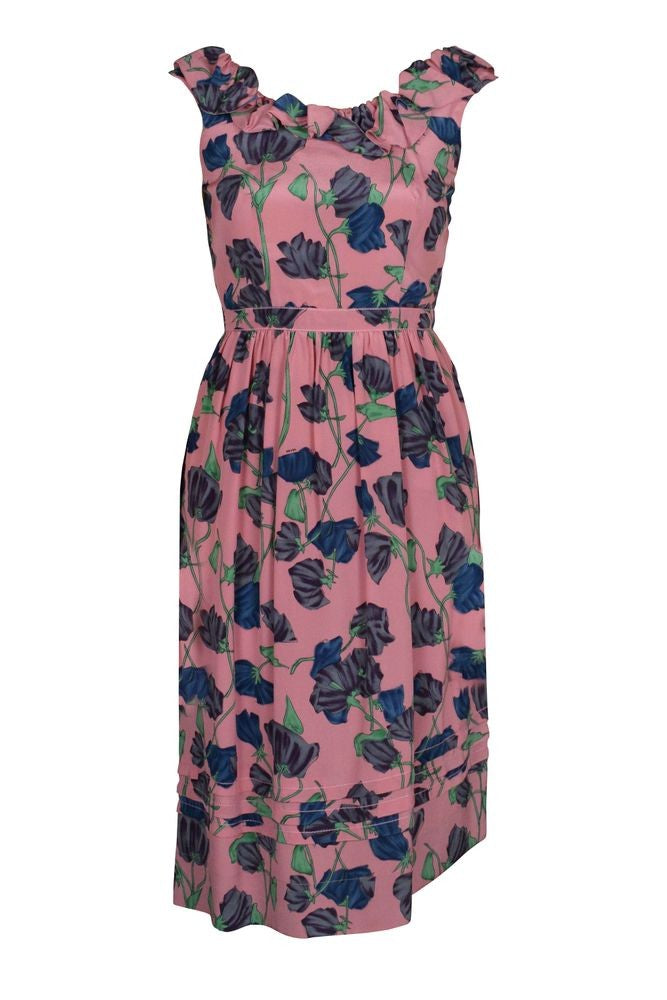 Prada Ruffled Floral Silk Dress With Fitted Waist