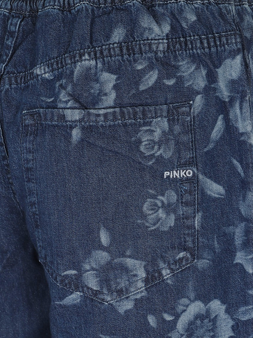 Pinko Light Denim Trousers With Floral Motif And High-Waisted Design