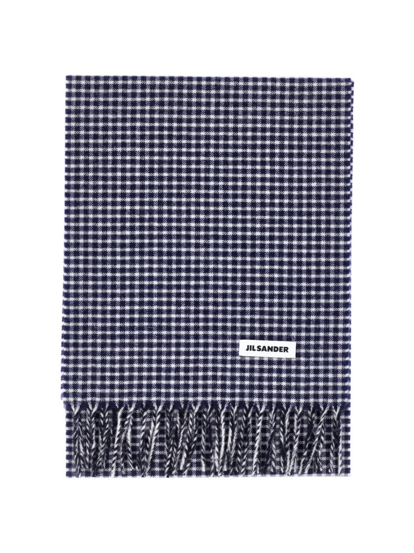 Jil Sander Blue Check Virgin Wool Fringed Scarf