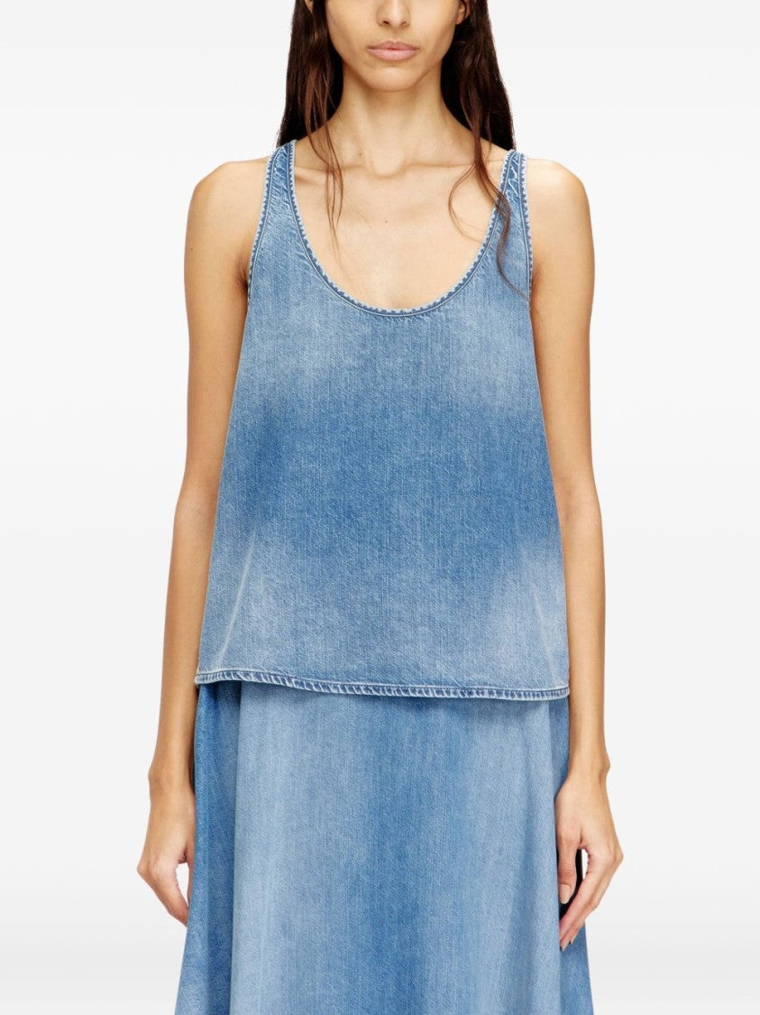 Diesel Faded Blue Denim Tank Top With Raw-Edge Detailing
