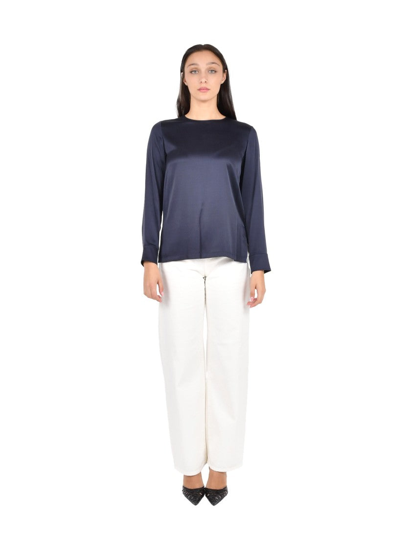 Max Mara Navy Silk Satin Blouse With Crew Neck