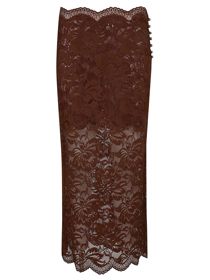 Paco Rabanne Brown Floral Lace Midi Skirt With Scalloped Hem