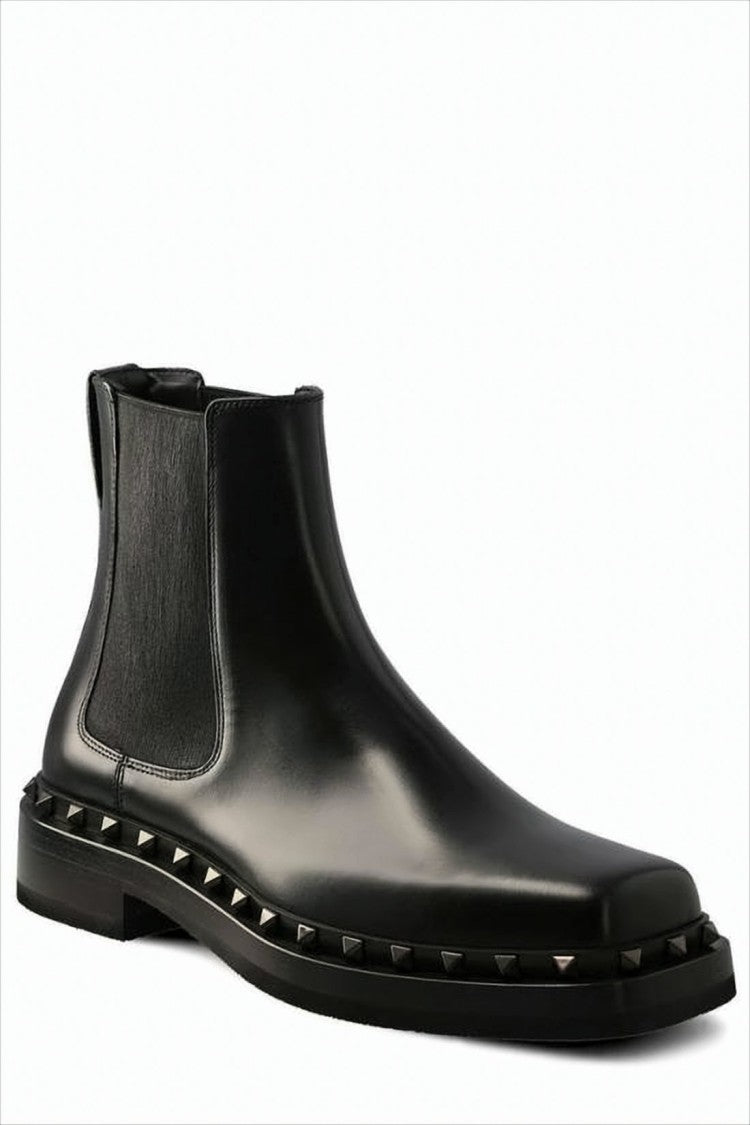 Valentino Ankle-High Black Leather Boots With Pyramid Stud Details
