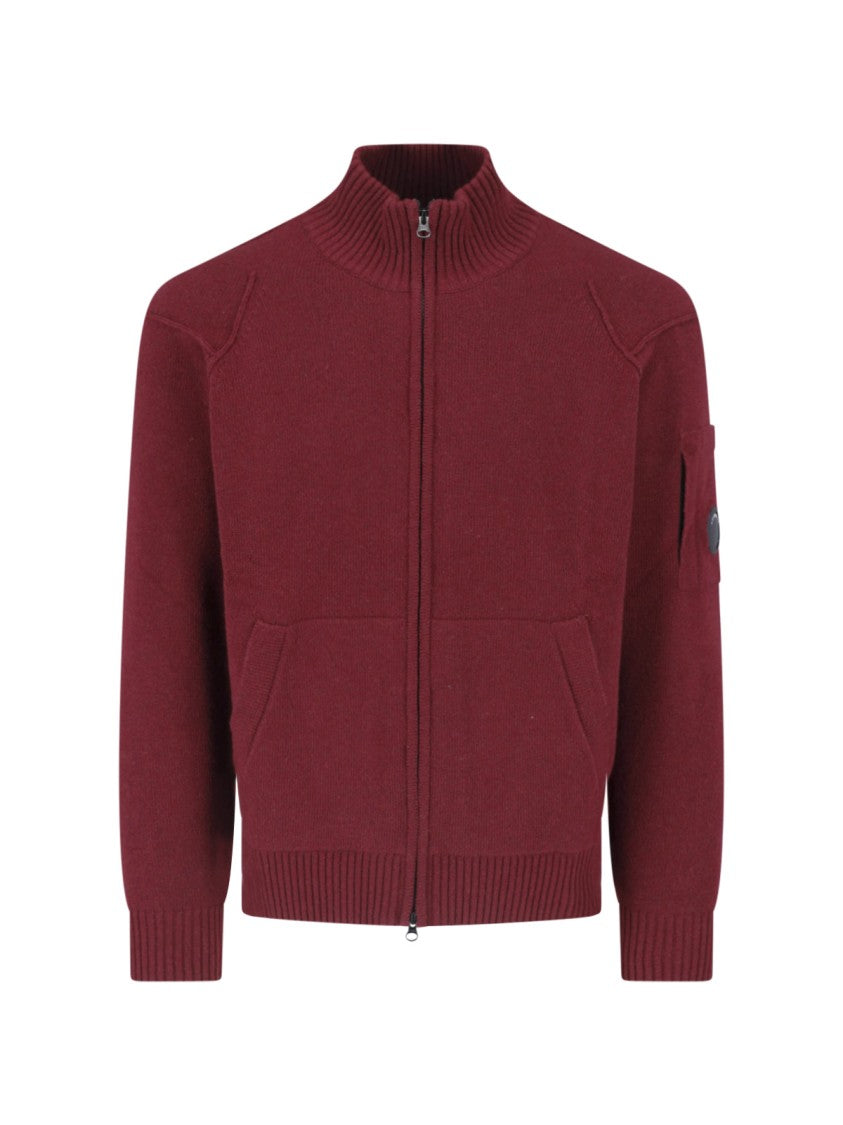 C.P. Company Burgundy Wool Blend Zip-Up Cardigan With Ribbed Collar