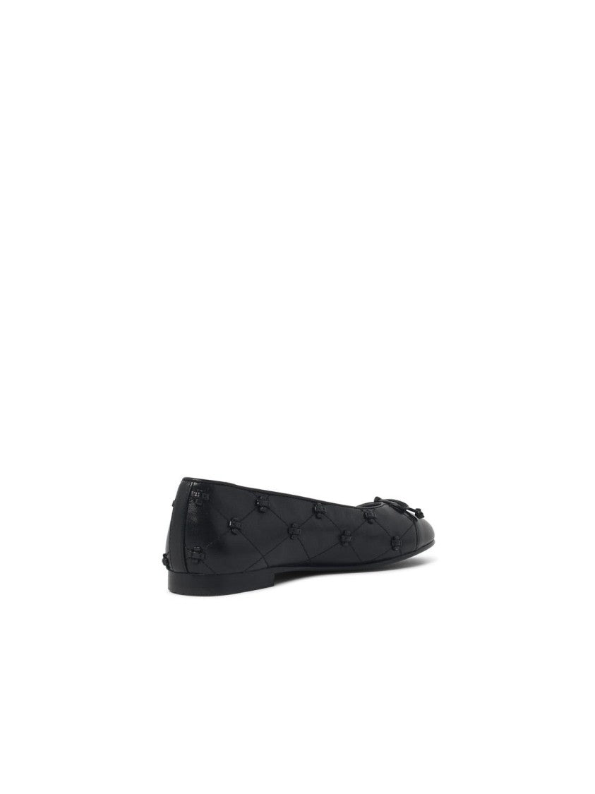 Tory Burch Black Leather Ballet Flats With Decorative Laces And Quilted Embroidery