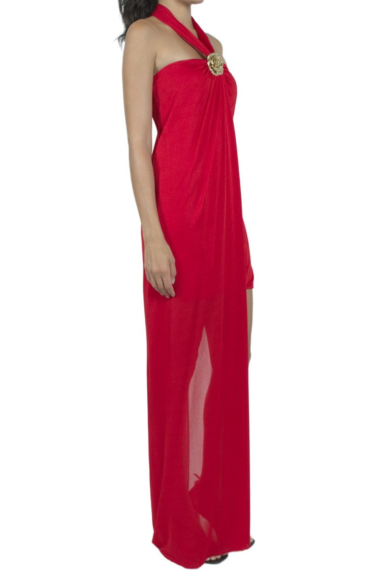 Blumarine Red Draped Asymmetric Jewelled Viscose Evening Dress