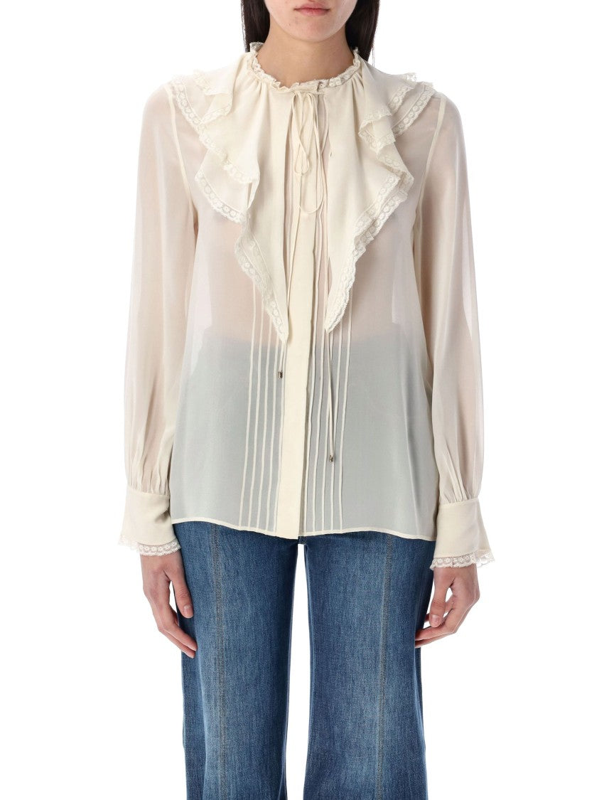 Chloé Dusty White Silk Ruffled Blouse
