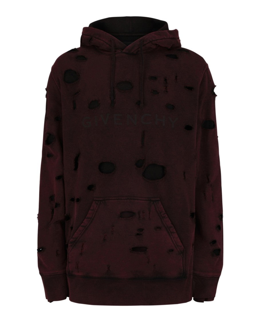 Givenchy Burgundy Two-Layer Distressed Hoodie With Graphic Logo