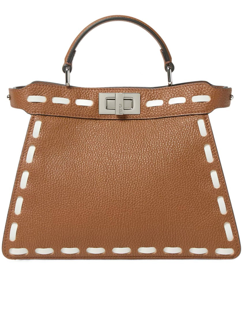 Fendi Trapezoidal Leather Handbag With Stitched Detailing And Silver-Tone Closure