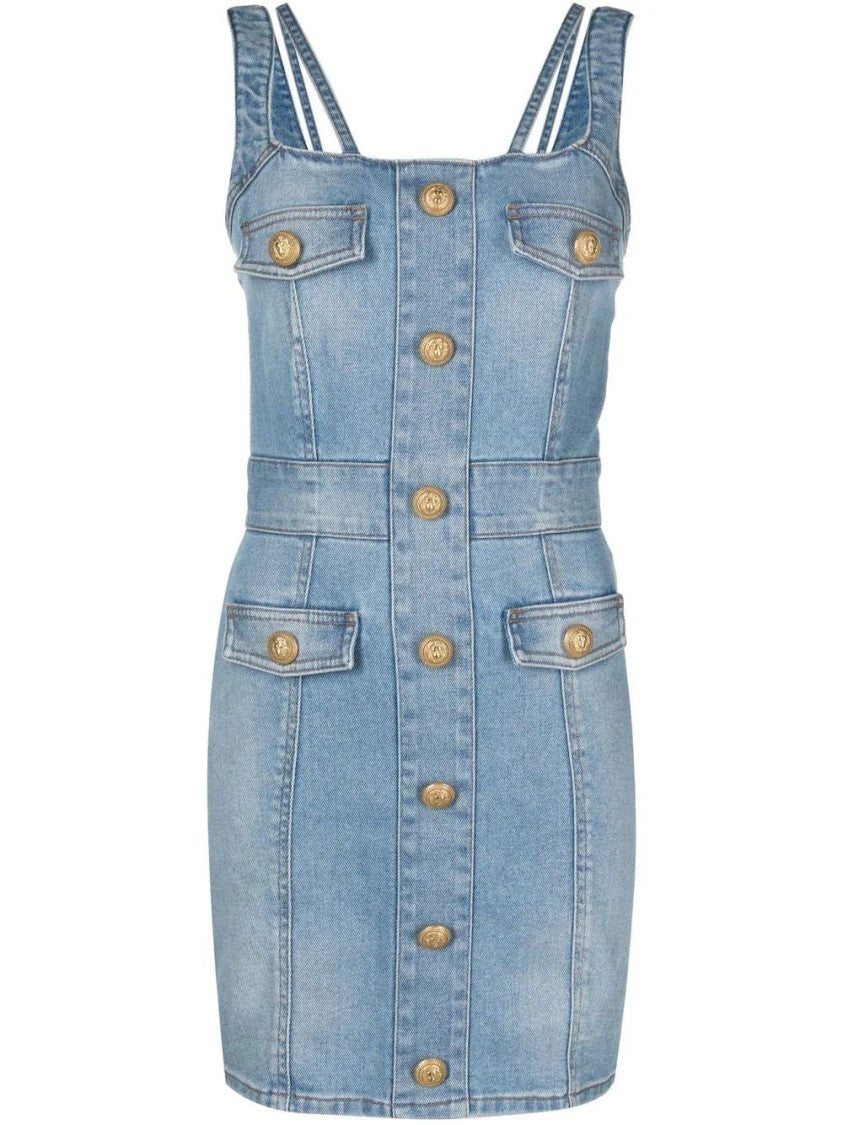 Balmain Fitted Strapped Denim Mini Dress
