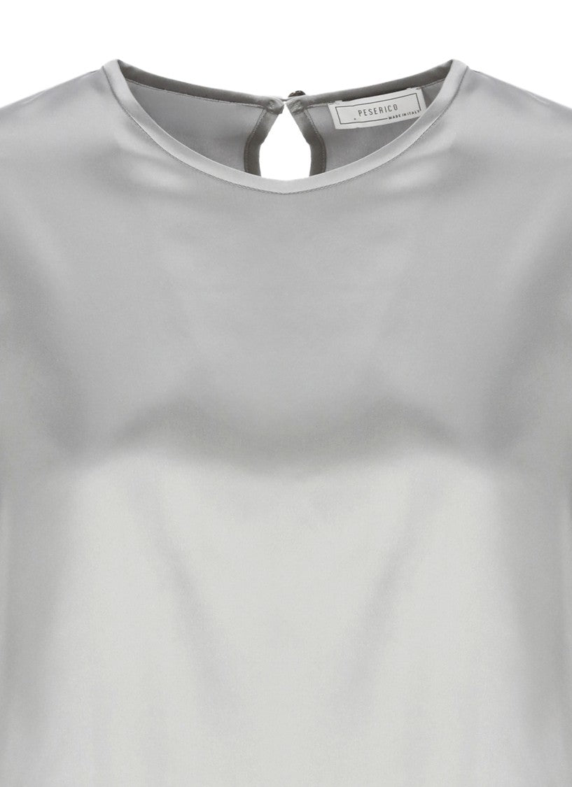Peserico Metallic Grey Silver Beaded Silk Blouse