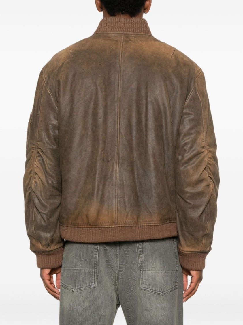 Golden Goose Distressed Brown Padded Leather Bomber Jacket