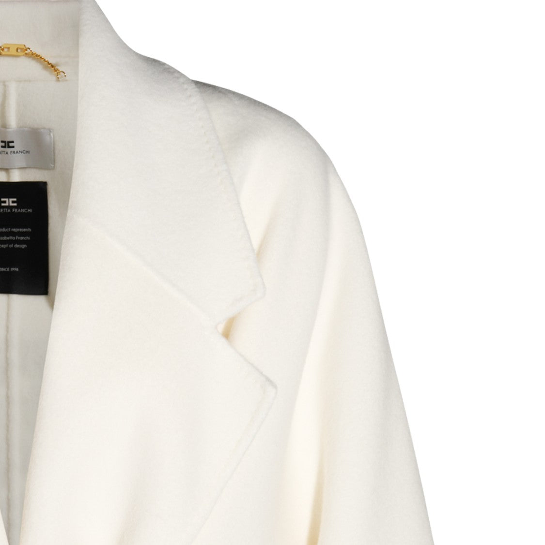 Elisabetta Franchi Ivory Wool Long Coat With Self-Tie Belt And Classic Lapels