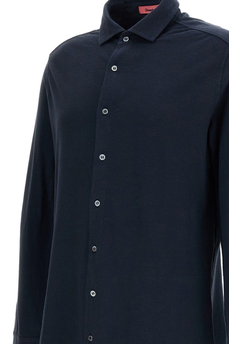 Drumohr Blue Cotton-Linen Spread Collar Casual Shirt