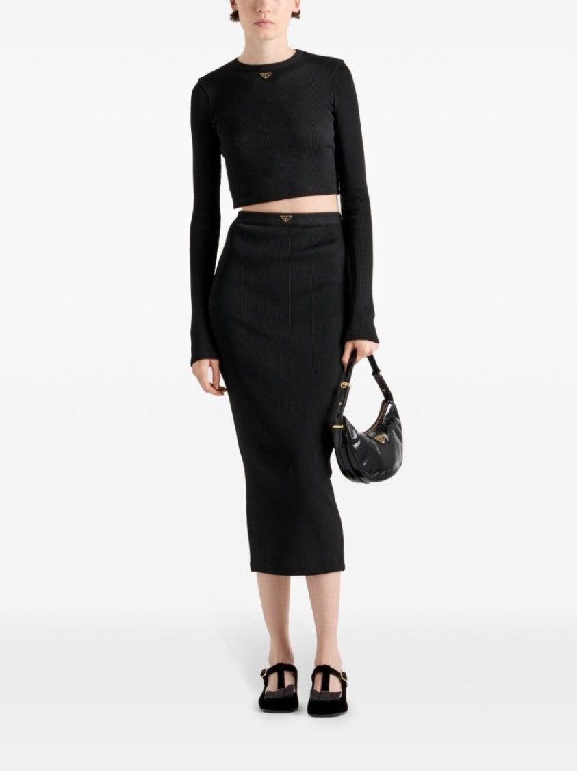 Prada Fitted Black Skirt With Ribbed Texture And Comfort Waistband