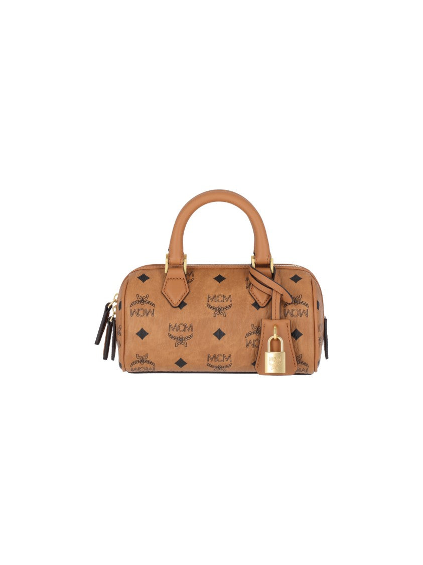 Mcm Mini Ella Boston Handbag In Textured Calf Leather With Gold Padlock Charm
