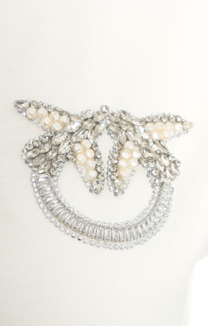 Pinko Crew Neck T-Shirt With Crystal Swallow Appliqué