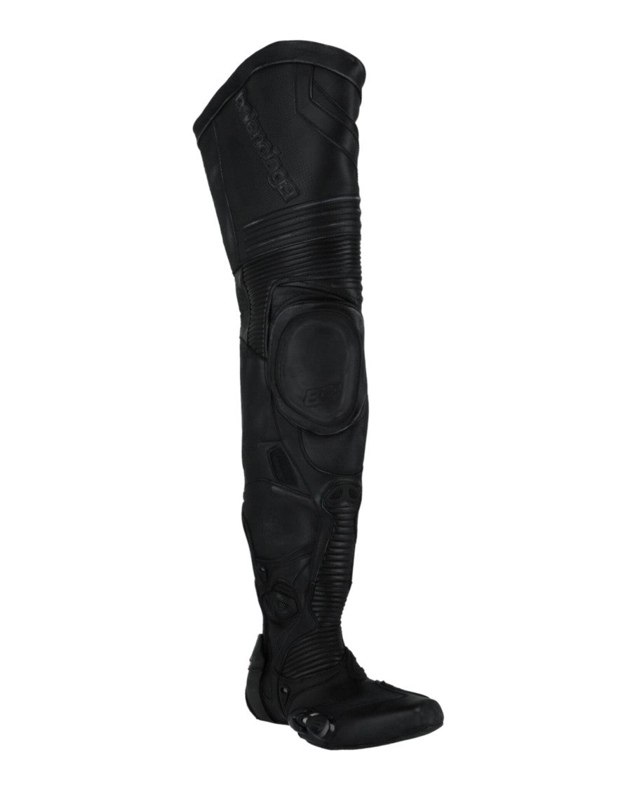 Balenciaga Layered Over-The-Knee Biker Boots With Integrated Rubber Panels