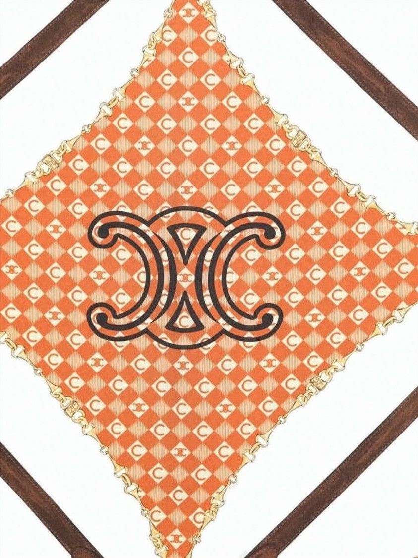 Celine Silk Scarf With Diamond Pattern And Gold Chain Detail