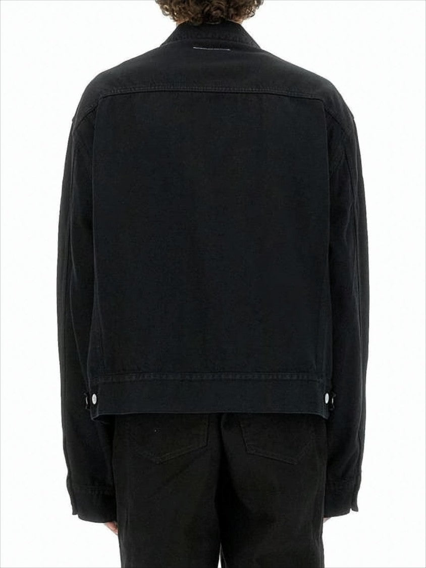 Mm6 By Maison Margiela Cropped Black Denim Jacket With Classic Collar And Boxy Fit