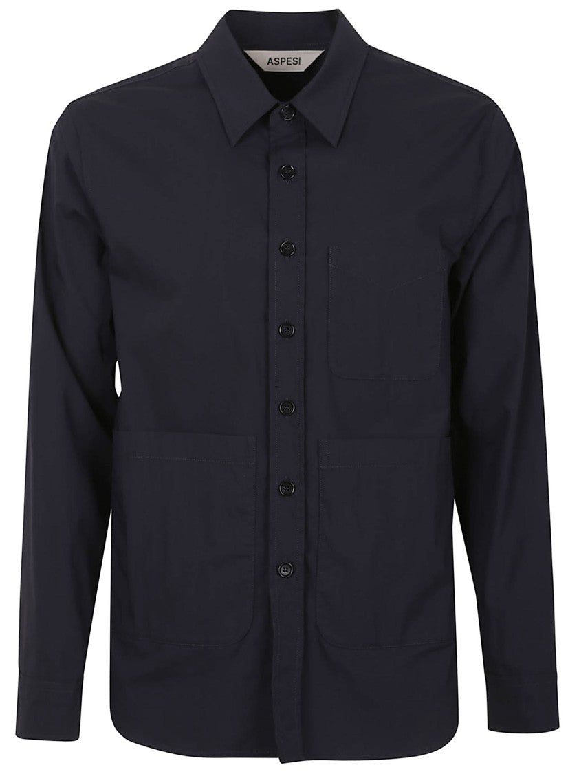 Aspesi Classic Black Cotton Button-Up Shirt With Multiple Pockets