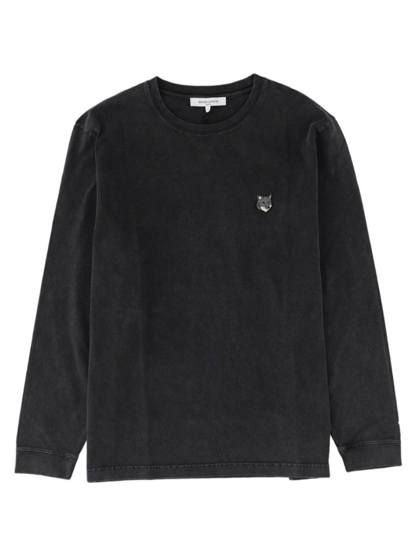 Maison Kitsuné Long-Sleeve Embroidered Black Cotton T-Shirt