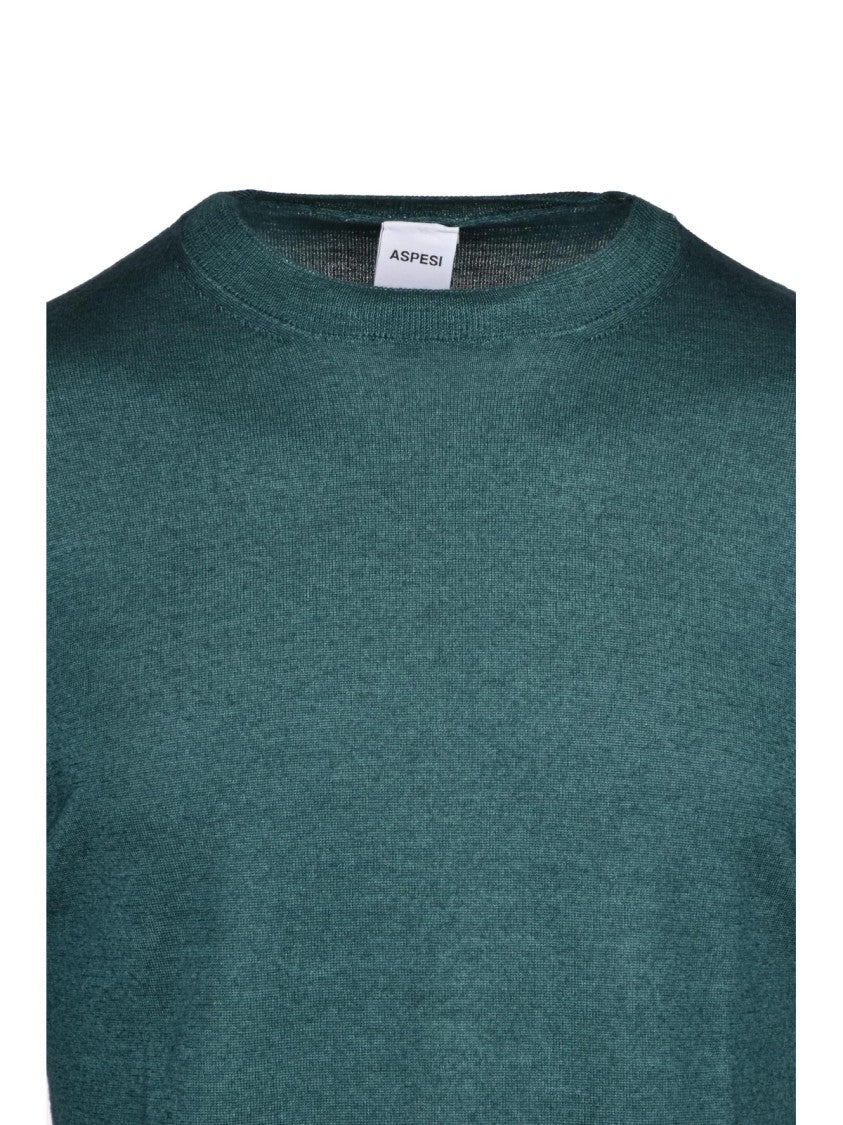 Aspesi Crew Neck Pullover In Fine-Knit Wool With Ribbed Details