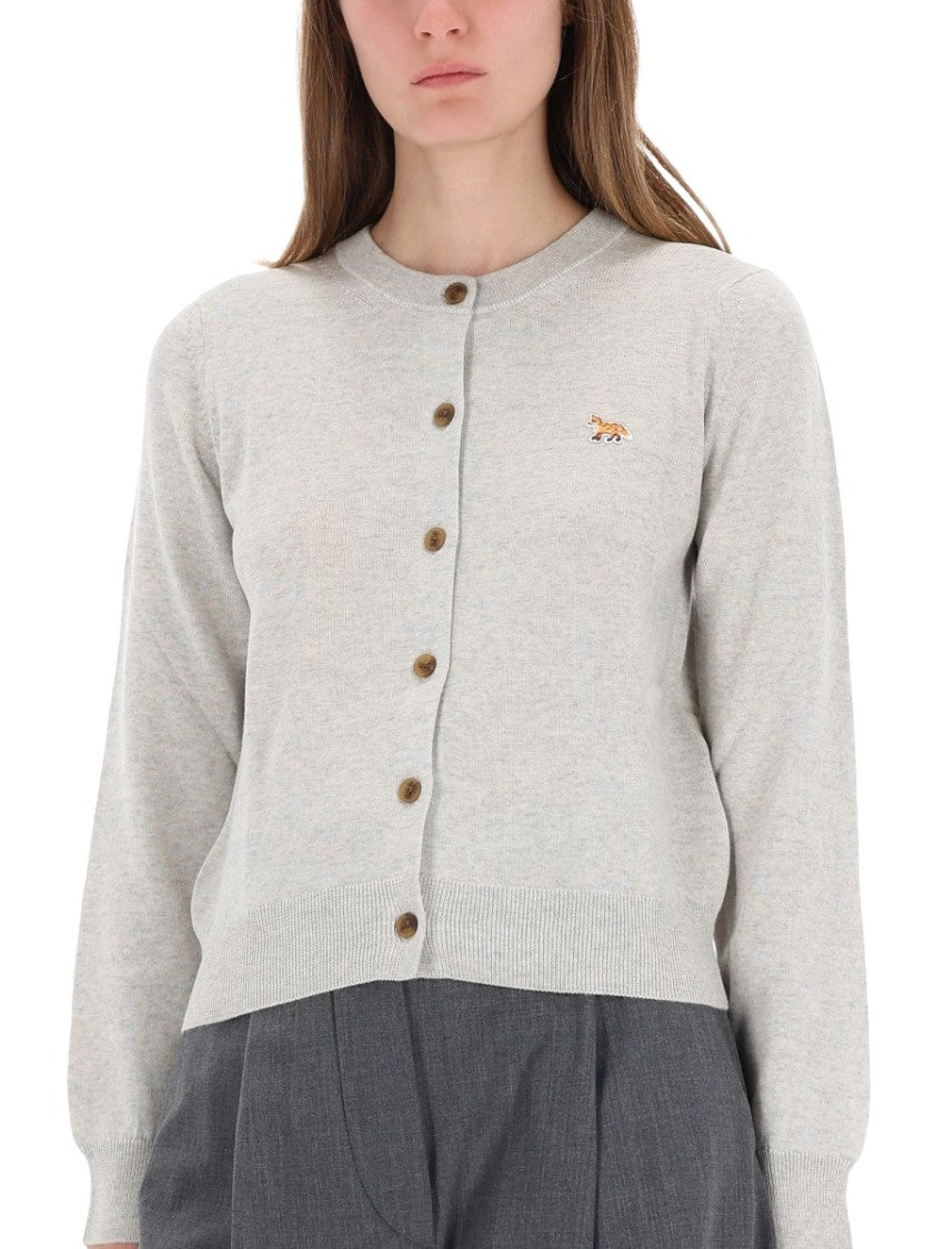 Maison Kitsuné Soft Light Grey Knit Cardigan With Embroidered Fox Detail