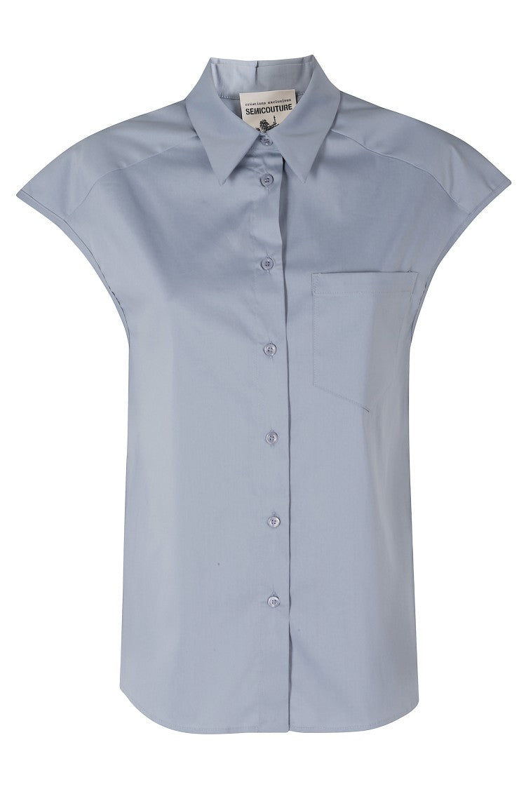 Semi Couture Light Blue Lottie Oversized Chest-Pocket Cotton Shirt