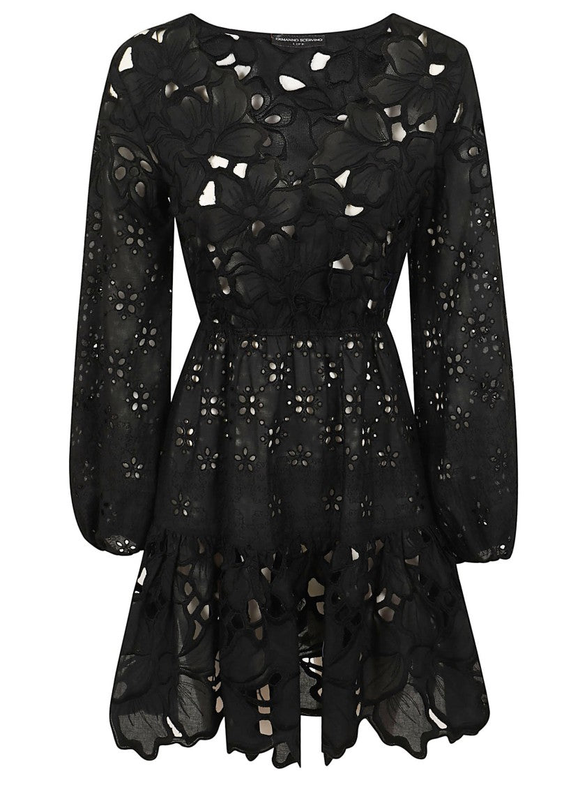 Ermanno Scervino Intricate Black Macramé Mini Dress With Elasticized Waist