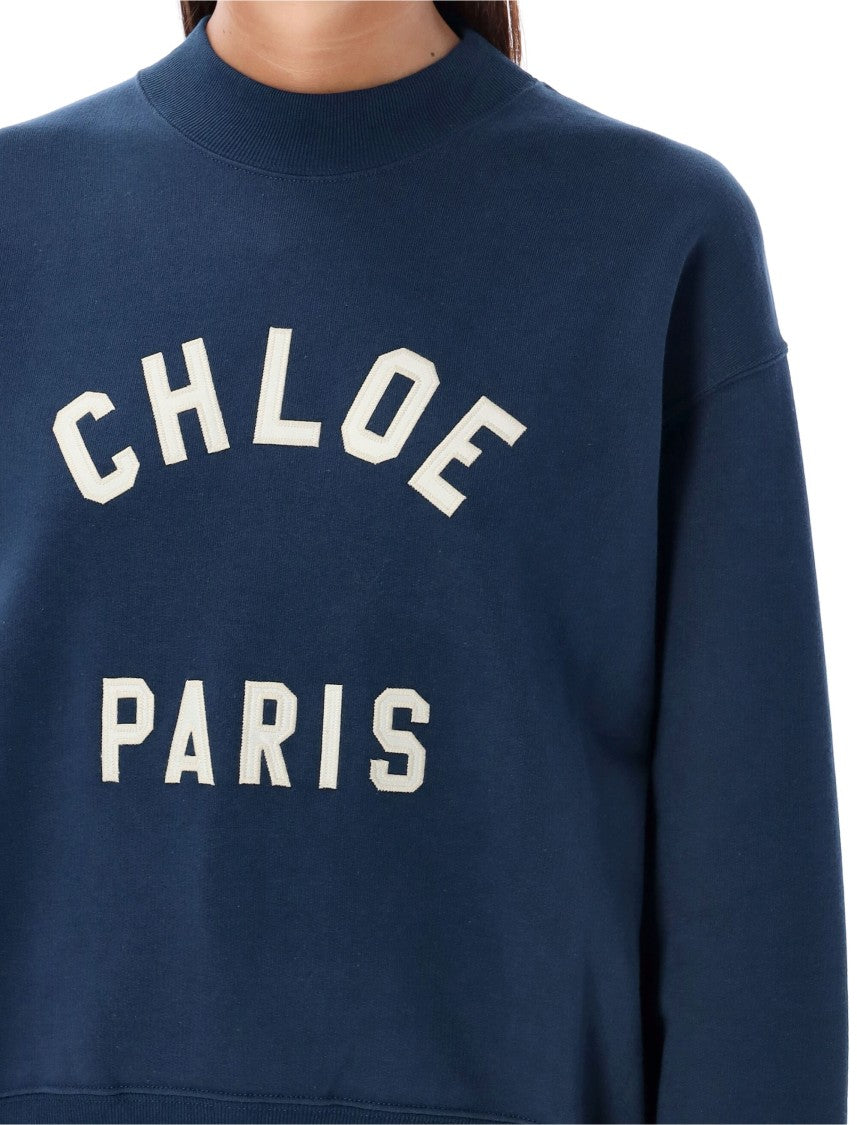 Chloé Navy Crew Neck Sweater With Bold Front Logo