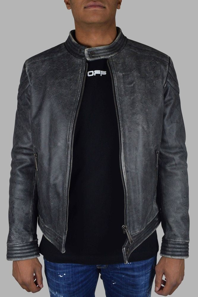 Philipp Plein Vintage-Effect Gray Leather Biker Jacket
