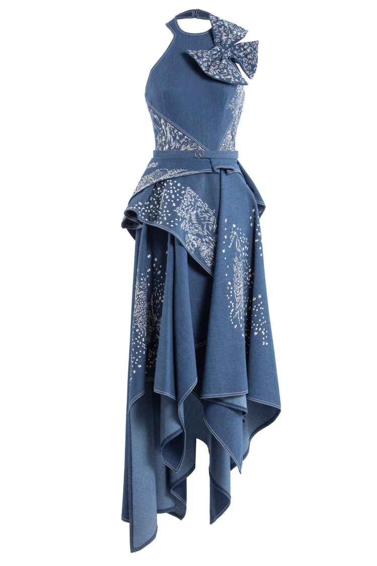 Saiid Kobeisy Denim Dress With Dotted Embroidery