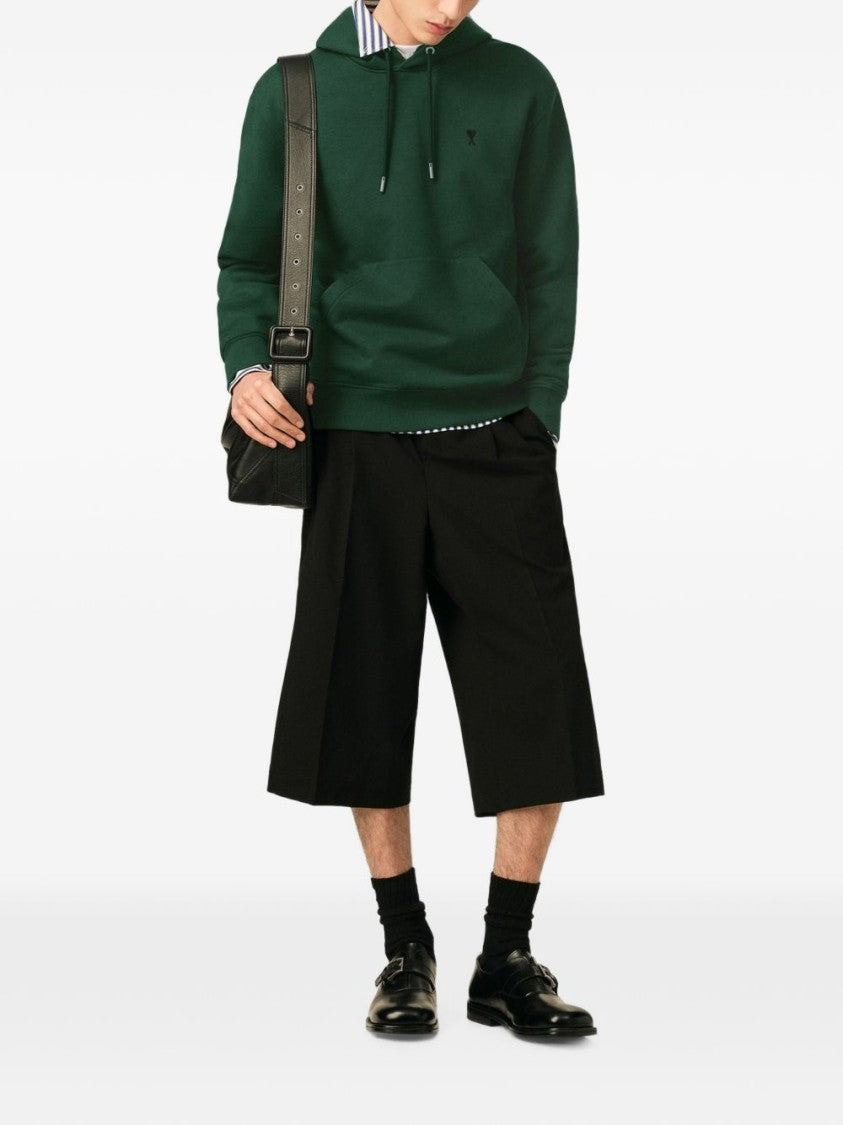 Ami Paris Deep Green Pullover Hoodie With Adjustable Drawstring