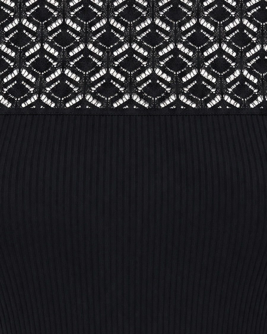Patrizia Pepe Black Slim Lace-Effect Ribbed Cotton Top