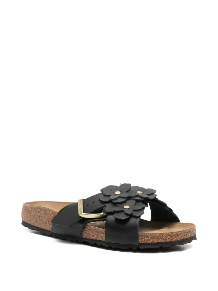 Birkenstock Contoured Calf Leather Sandals With Floral Appliqués And Adjustable Buckle