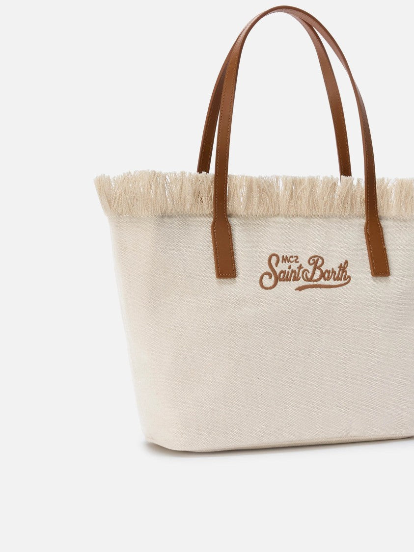 Mc2 Saint Barth Fringed Beige Canvas Tote Bag With Leather Accents