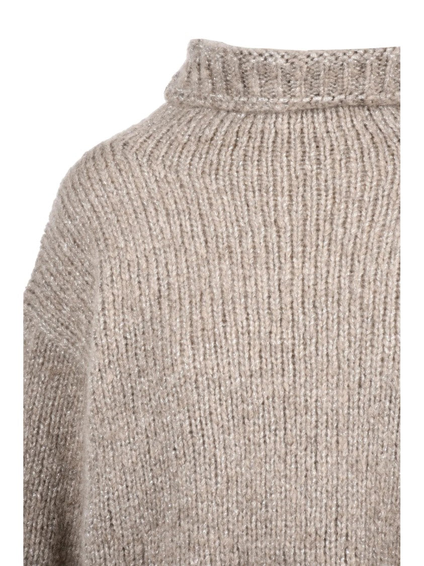 Alpha Studio High Neck Sweater With Metallic Fiber And Ribbed Knit Texture