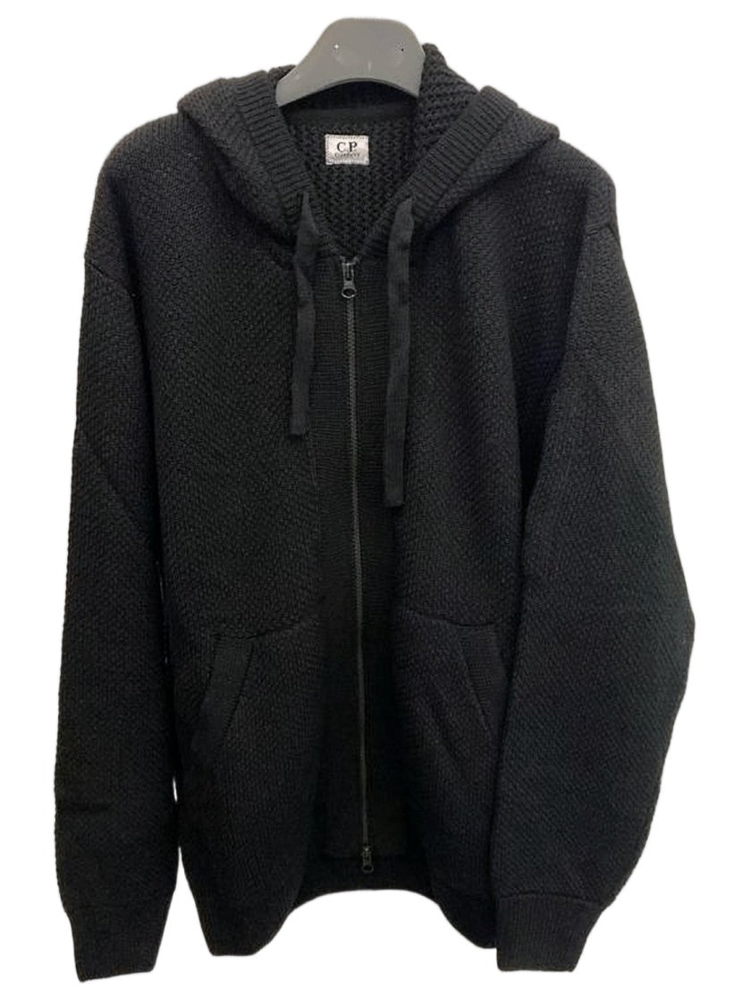 C.P. Company Textured Knit Black Cardigan With Full Zip Closure And Hood