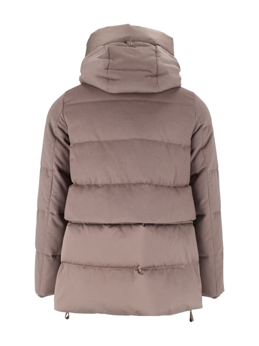 Duno Brown Quilted Hooded Adjustable Down Coat