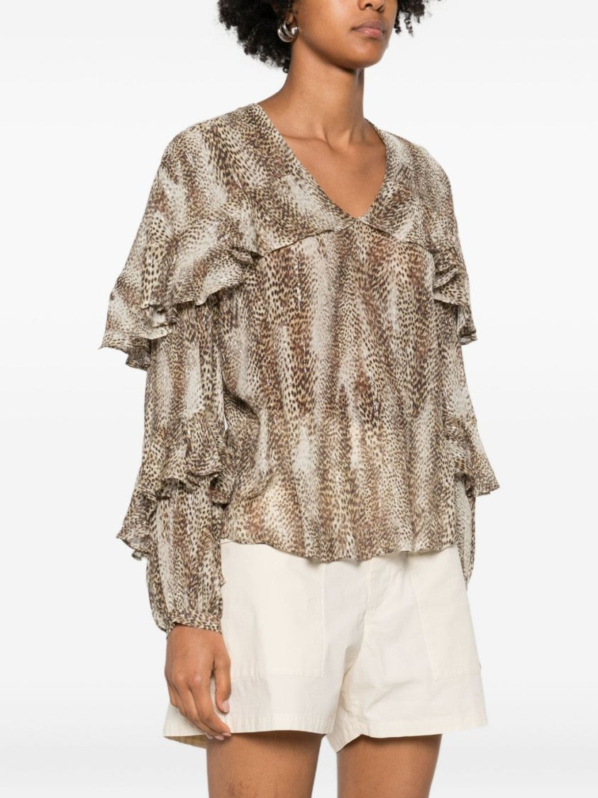 Twin-Set Animal Print Blouse With Ruffled Sleeves