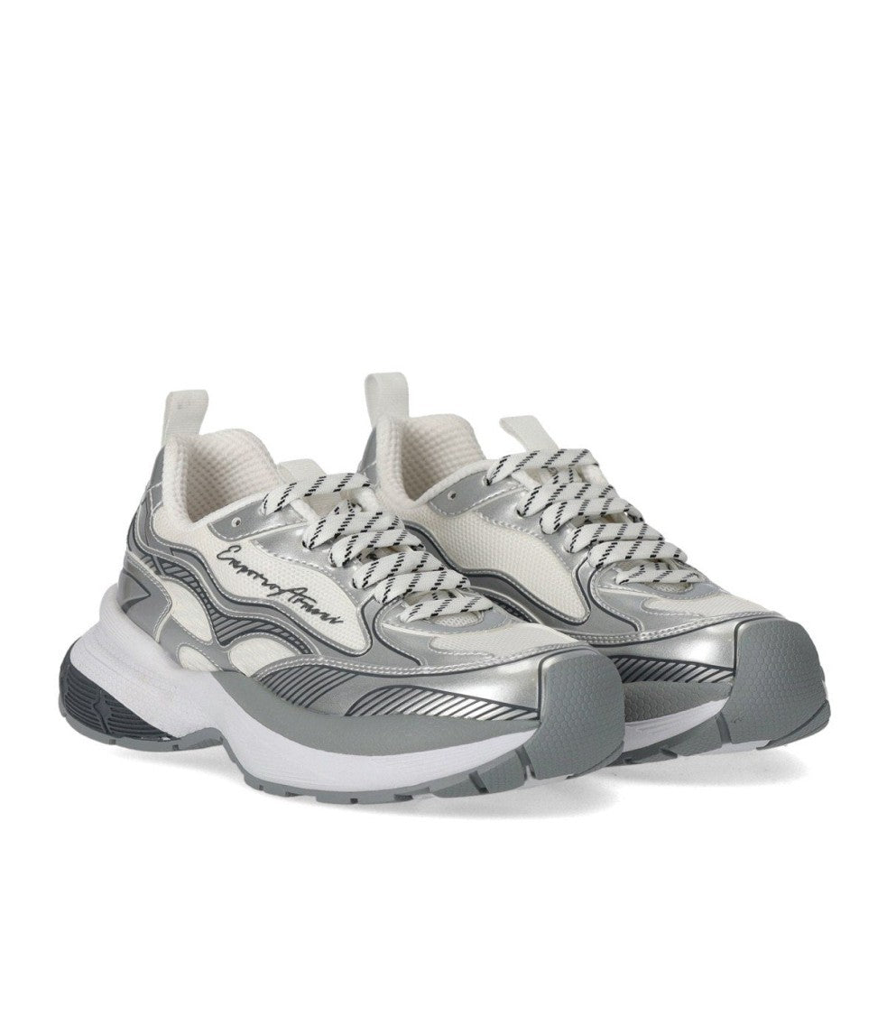 Emporio Armani Laminated Faux Leather And Mesh Silver Sneaker