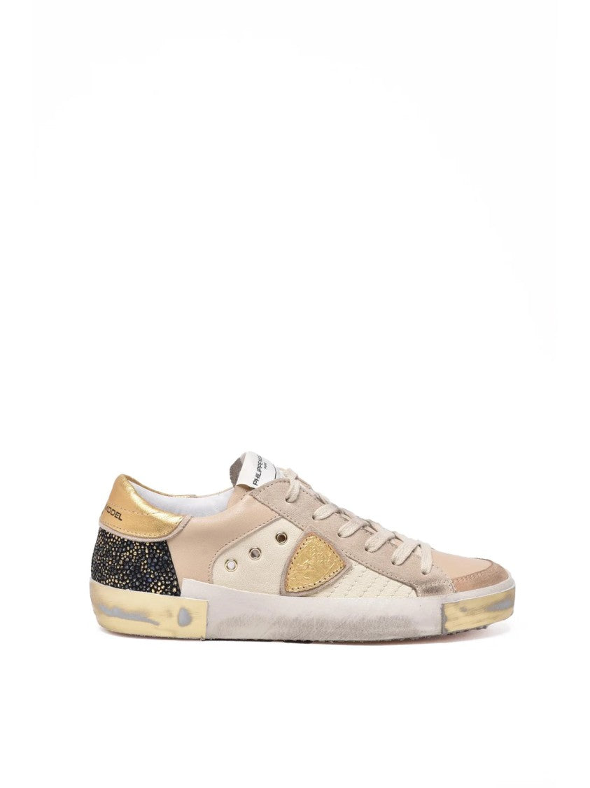 Philippe Model Beige-Gold Leather Paris Low Sneakers